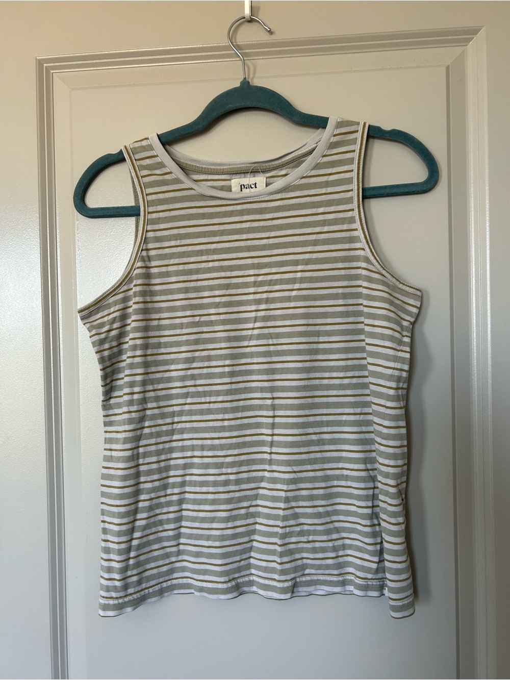 Pact Women’s Striped Tank Top in Olive Green & White